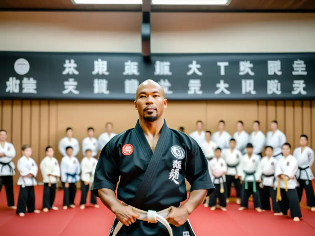 Maestro en un moderno dojo enseña artes marciales a estudiantes de todas las edades, promoviendo el aprendizaje y la comunidad en las redes sociales