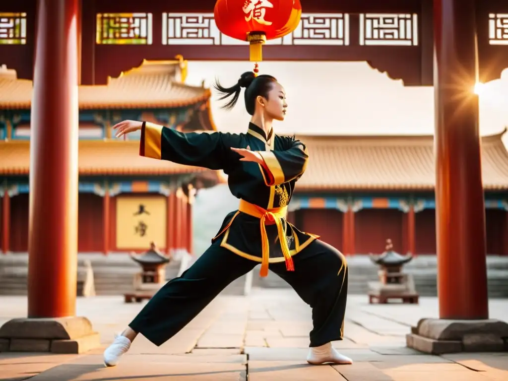 Un maestro de Wushu moderno ejecuta un impecable salto en el aire frente a un templo chino tradicional