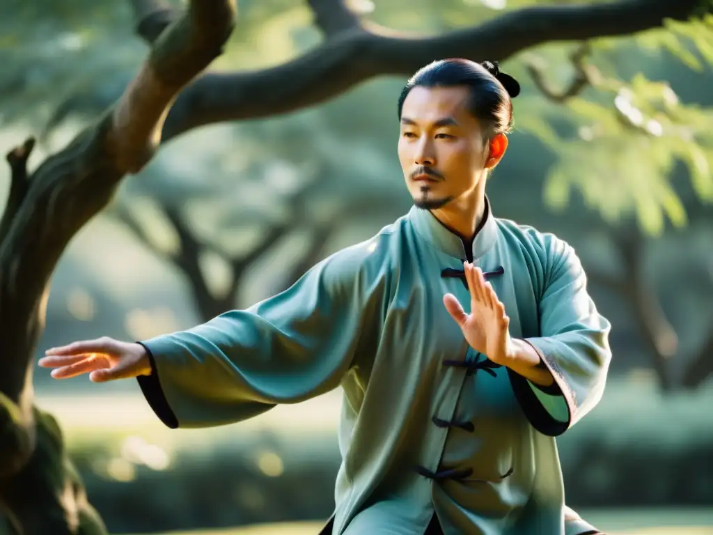 Un maestro de tai chi realiza un movimiento fluido en un jardín tranquilo al amanecer, capturando el origen espiritual del Tai Chi