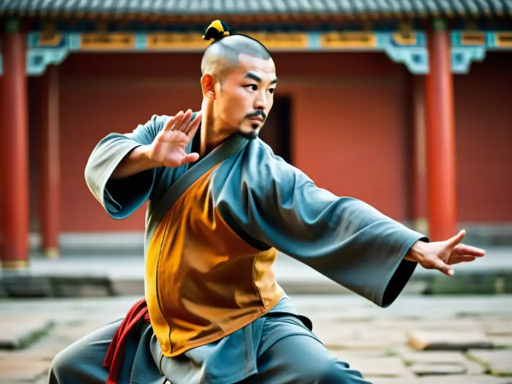 Maestro de Kung Fu ejecuta el movimiento 'Garra de Tigre' en templo antiguo, reflejando los orígenes milenarios del Kung Fu en la cultura china