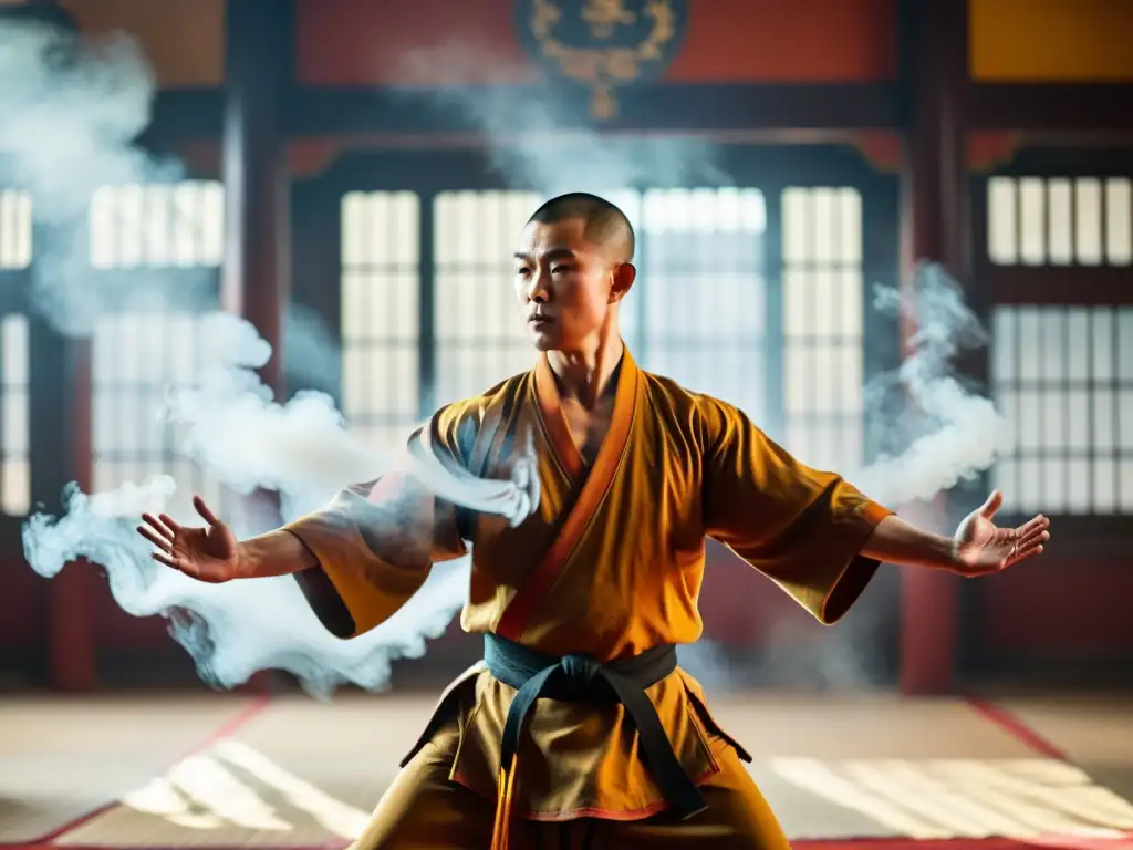 Un maestro de Shaolin Kung Fu ejecuta movimientos complejos en un salón tradicional, inmerso en humo de incienso y luz solar