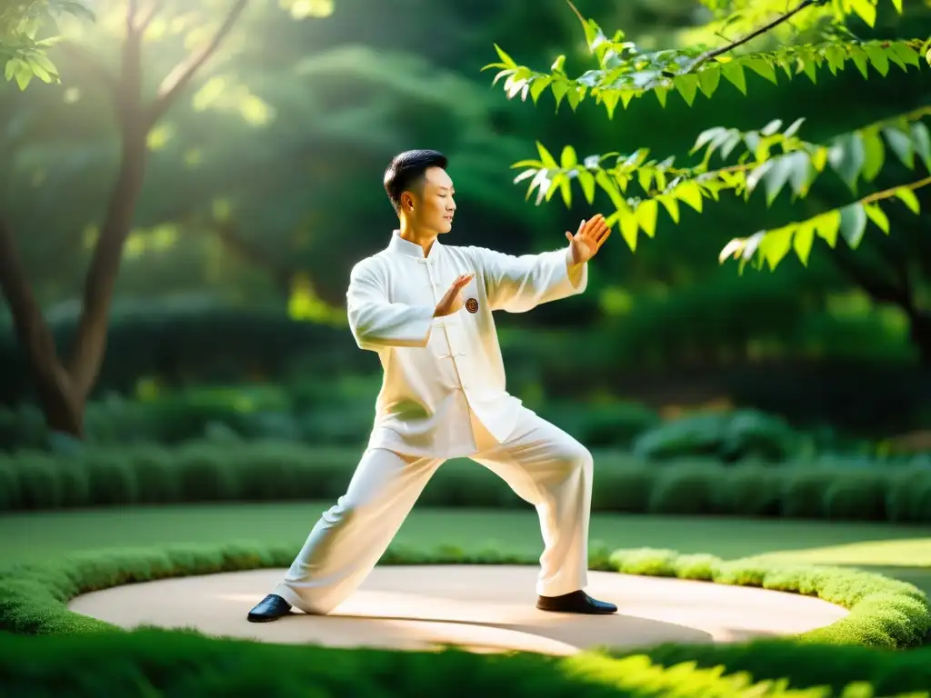 Un maestro de Tai Chi realiza movimientos fluidos en un jardín sereno y exuberante, irradiando equilibrio y fuerza