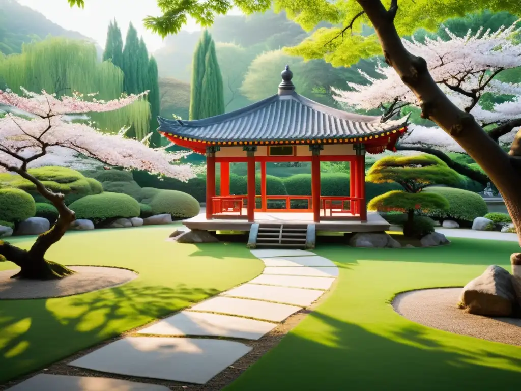 Chi Kung en jardín oriental: serenidad y fuerza Un maestro de chi kung practica movimientos gráciles en un jardín tranquilo con un pabellón chino y cerezos en flor