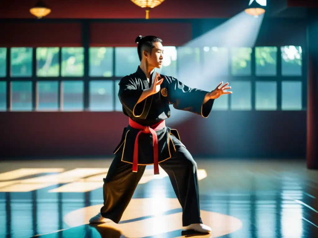 Un maestro de Kung Fu demostrando movimientos poderosos en una instalación de entrenamiento moderna