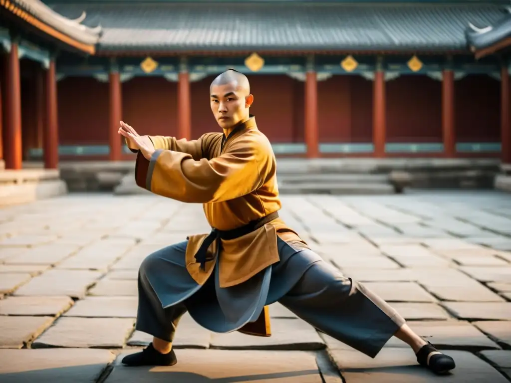 Maestro de Kung Fu Shaolin ejecuta movimientos poderosos en el templo, transmitiendo sabiduría y disciplina