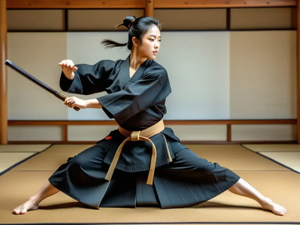 Un maestro de Jodo ejecuta movimientos precisos con su bastón en un dojo japonés, exudando disciplina y gracia