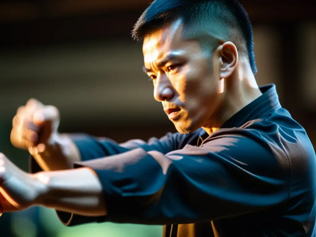 Un maestro de Wing Chun ejecuta movimientos precisos y fluidos con intensa concentración, destacando la filosofía del Wing Chun en su disciplina y habilidad