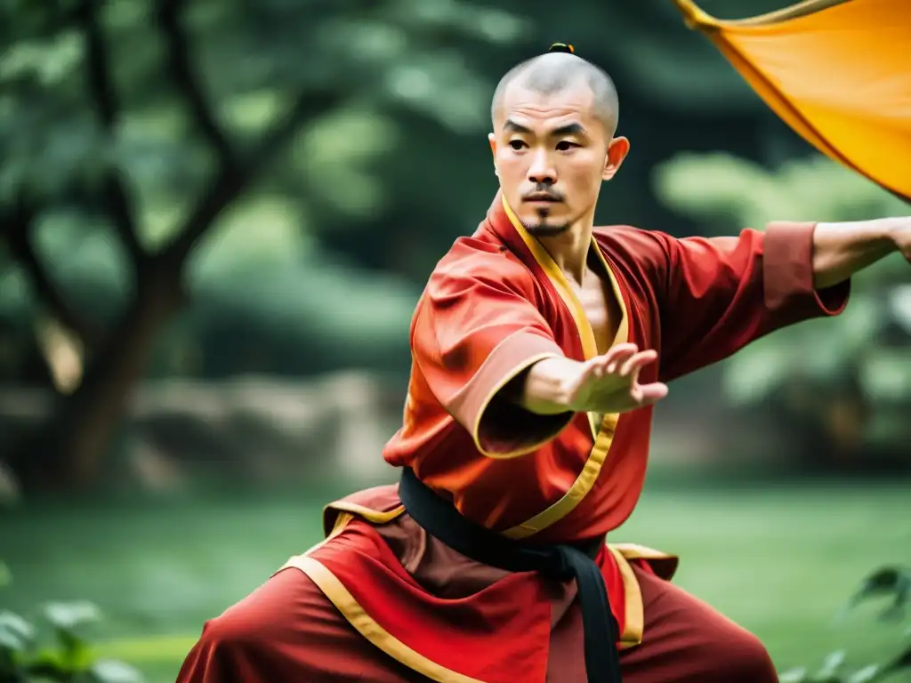 Un maestro de Kung Fu Shaolin ejecuta movimientos precisos en un jardín sereno, mostrando virtudes del Kung Fu Shaolin