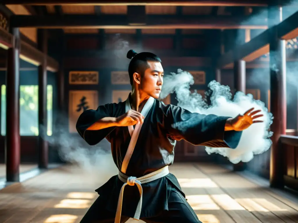 Un maestro de Kung Fu ejecuta movimientos precisos y poderosos en un salón tradicional, envuelto en humo de incienso