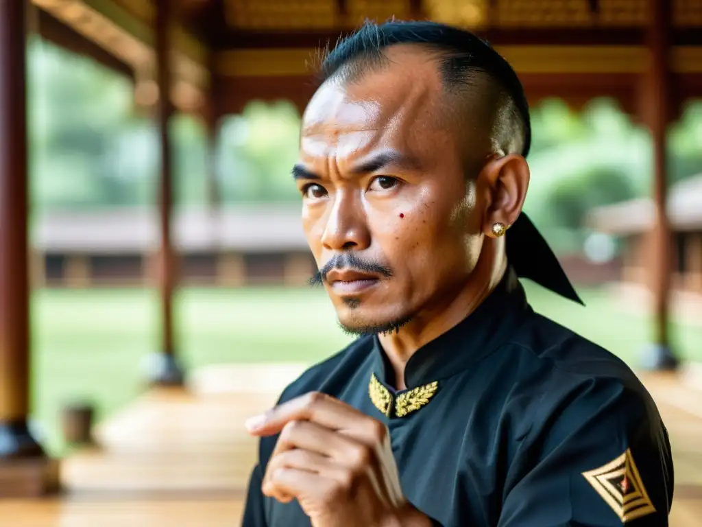 Un maestro de Silat muestra movimientos rápidos y precisos, con un fondo tradicional y exuberante