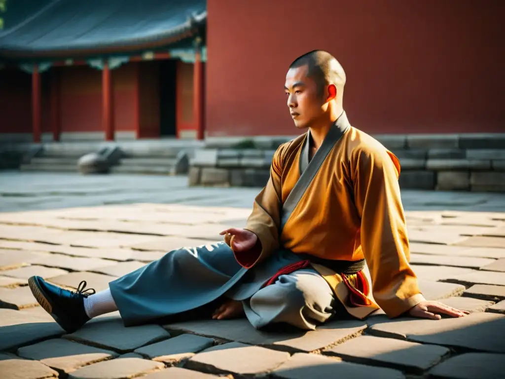 Un maestro de Kung Fu Shaolin practica movimientos en un templo antiguo al atardecer, transmitiendo sabiduría atemporal