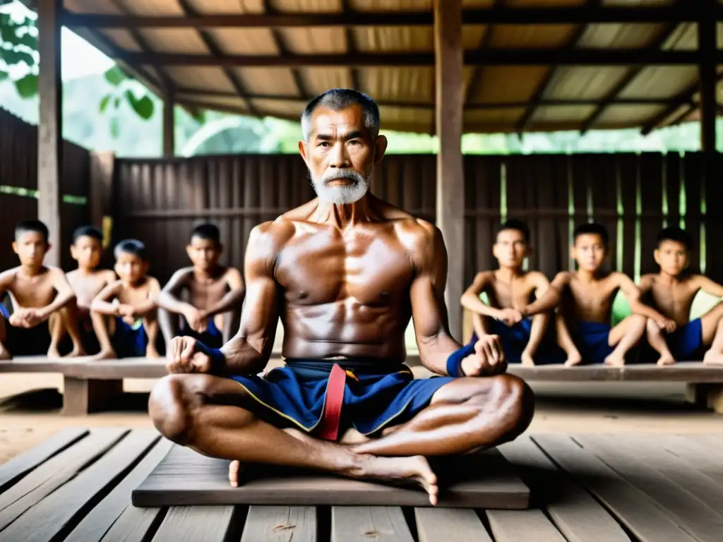 Un maestro de Muay Thai anciano transmite sabiduría a jóvenes estudiantes en un campamento tradicional