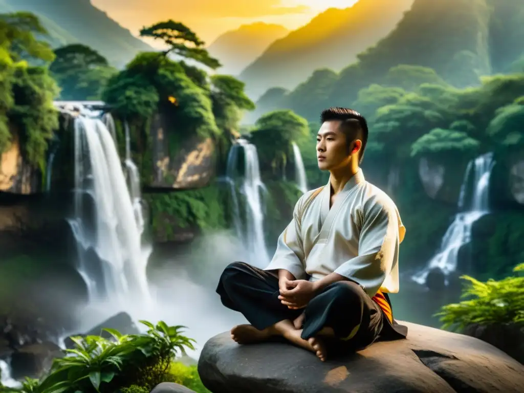 Maestro de Kung Fu meditando en la naturaleza, mostrando la importancia de la meditación en la práctica del Kung Fu