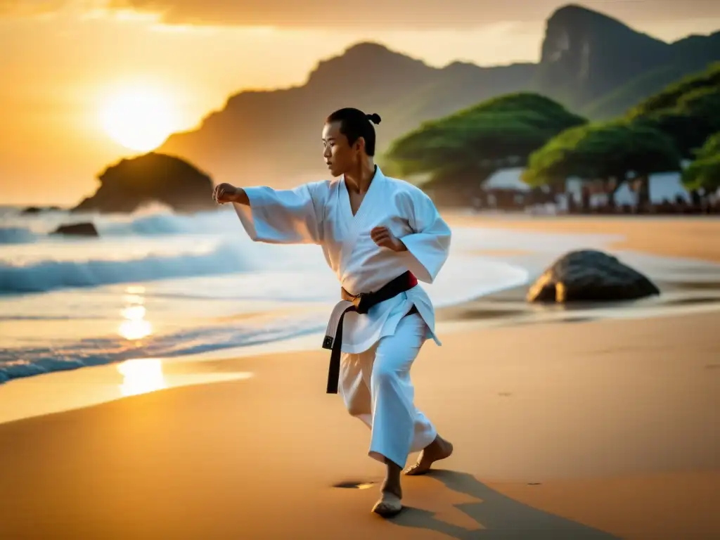 Un maestro de karate tradicional de Okinawa practica kata en una playa al amanecer, con olas suaves y arquitectura antigua de fondo