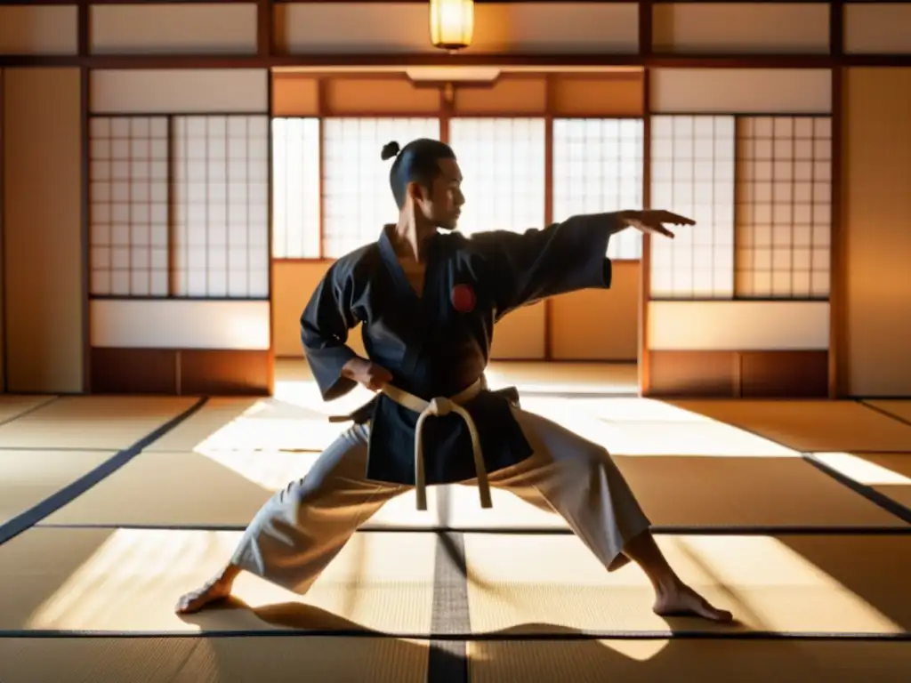 Un maestro ejecuta una patada alta en un dojo sereno al amanecer, evocando la conexión mente-cuerpo de las artes marciales