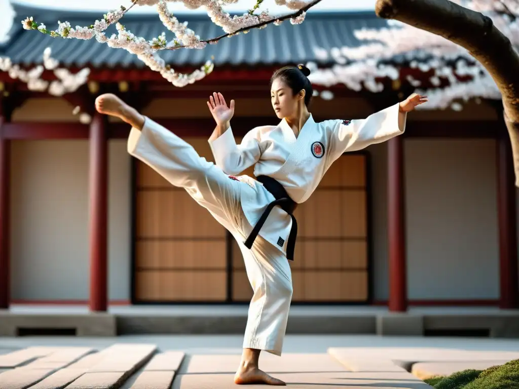 Un maestro de karate ejecuta una patada giratoria con maestría y concentración, rodeado de belleza y tradición