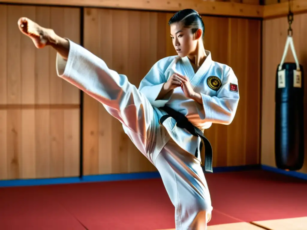 Un maestro de karate muestra una patada perfecta en un dojo lleno de estudiantes, transmitiendo disciplina y concentración