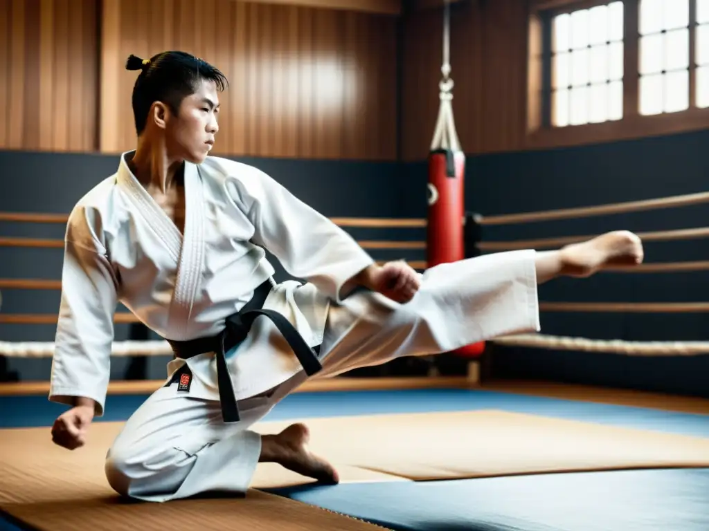 Un maestro de karate ejecuta una patada poderosa en un dojo tradicional, mostrando la influencia del karate en MMA