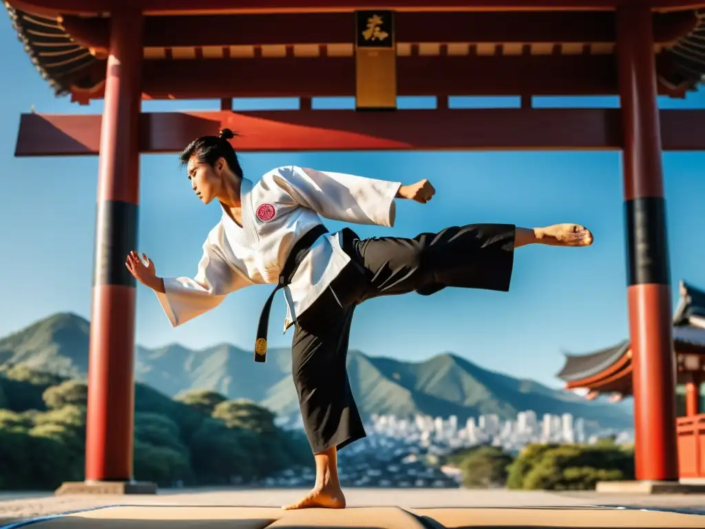 Un maestro de karate en pleno salto, ejecutando una patada impecable con precisión y concentración