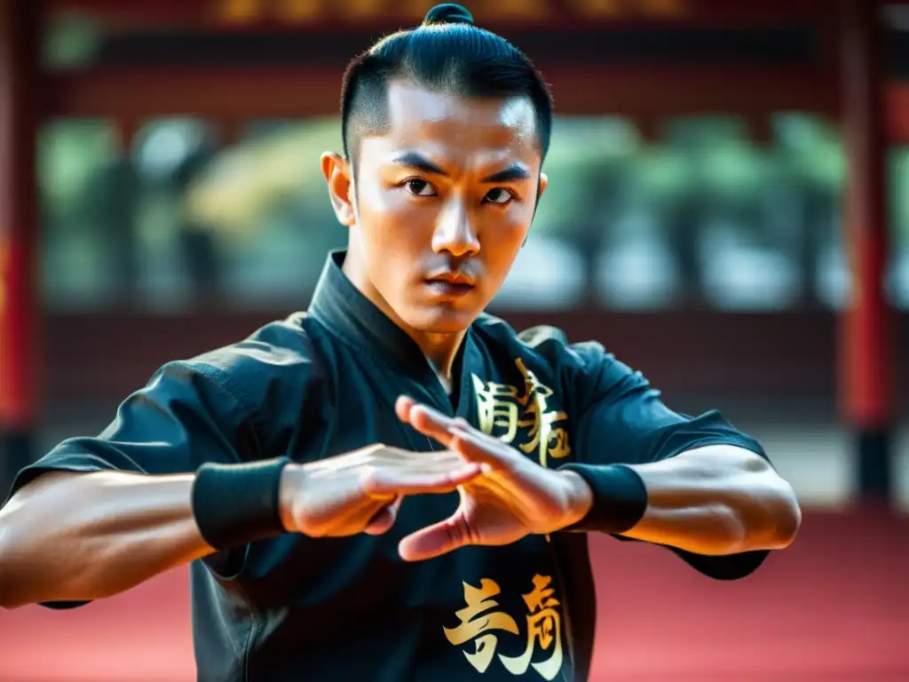 Un maestro de Kung Fu ejecutando un poderoso golpe, con intensa concentración y sudor en la frente