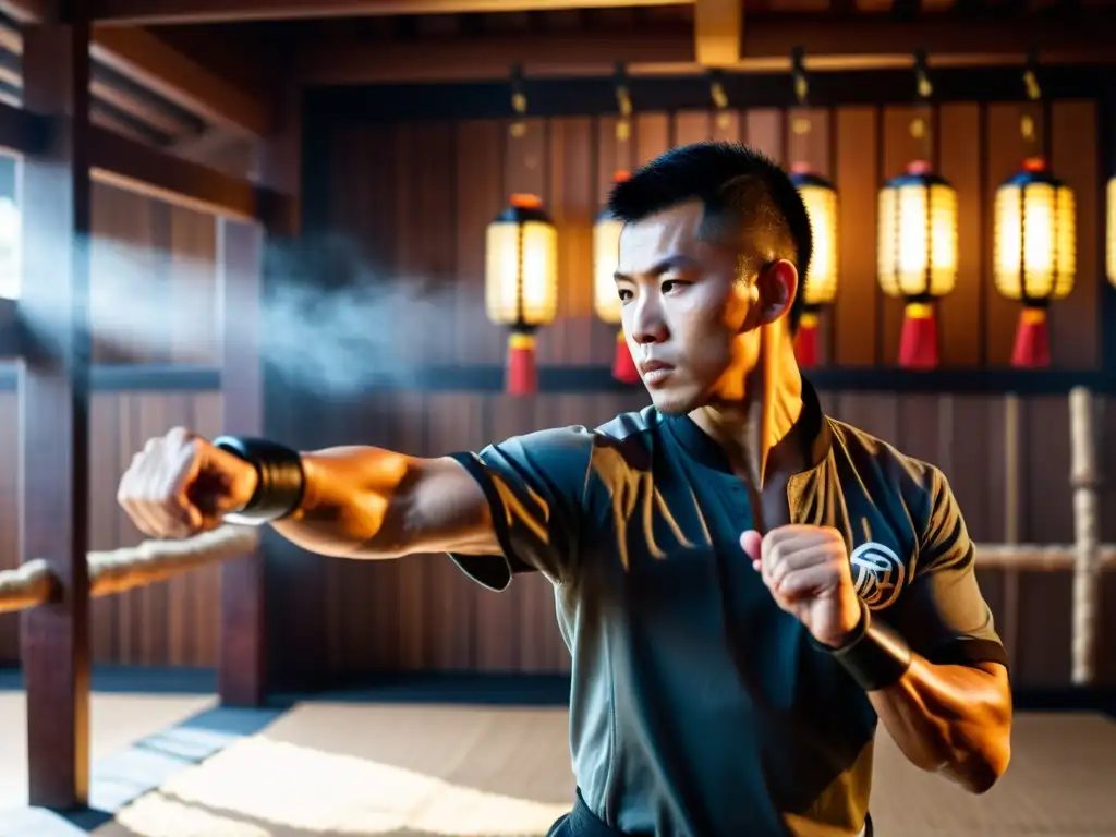 Un maestro de Wing Chun demostrando un poderoso golpe, con sudor en la frente y músculos tensos