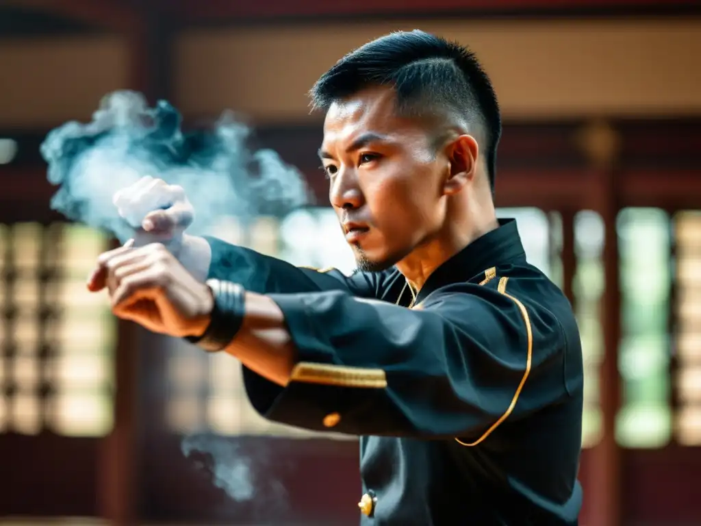 Un maestro de Wing Chun muestra su poderoso puñetazo, con determinación en sus ojos y sudor en la frente