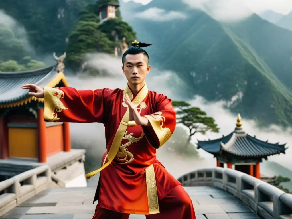 Un maestro de Kung Fu en pose tradicional, vistiendo una impresionante túnica roja con bordados de dragones dorados