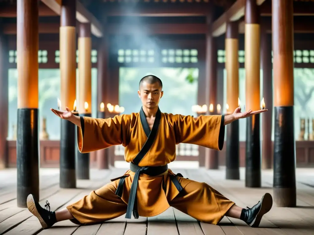 Maestro de Kung Fu Shaolin en posición de meditación, rodeado de velas y pilares de madera