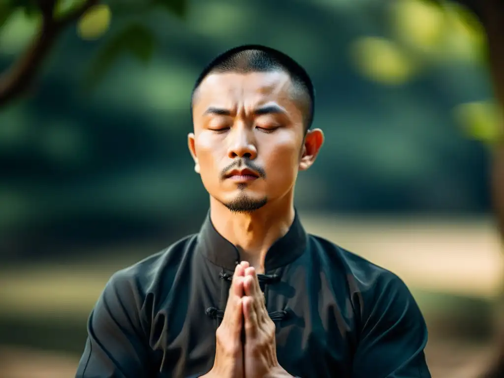 Un maestro de Kung Fu en postura meditativa, practicando técnicas de respiración para controlar el Chi en un entorno sereno