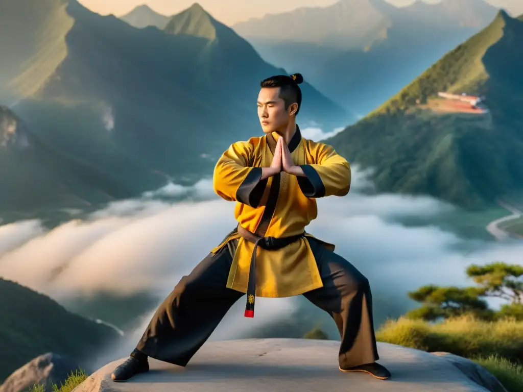 Un maestro de Kung Fu en postura perfecta, frente a un paisaje de montañas al atardecer