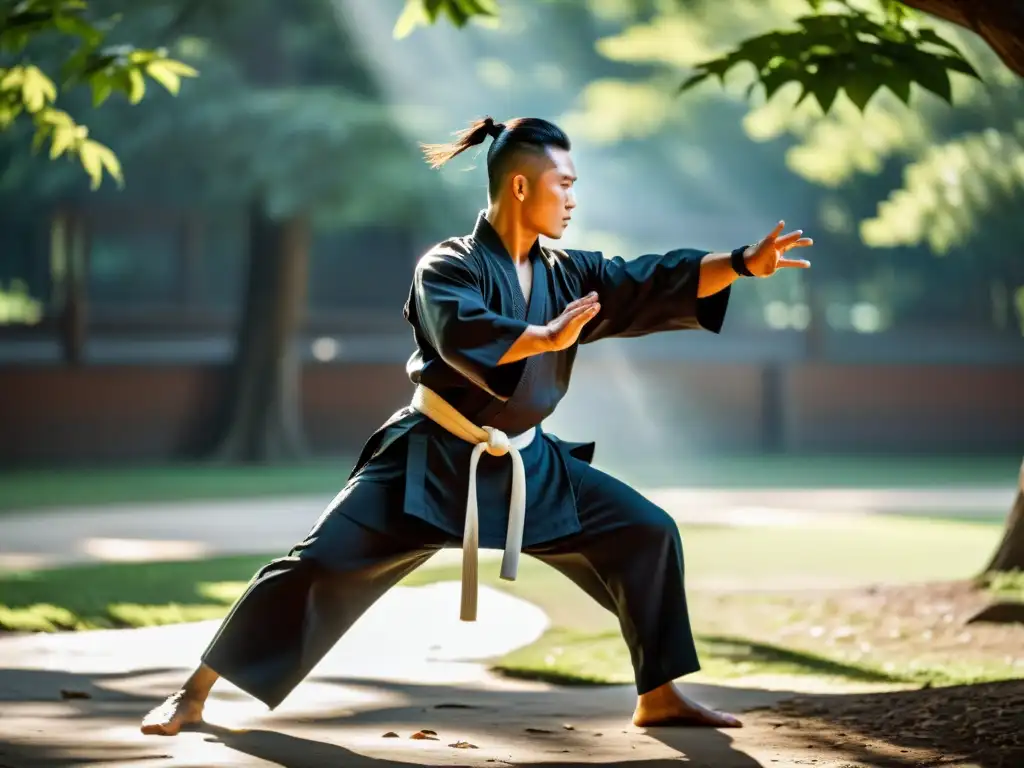 Maestro de Kung Fu en postura poderosa, con mirada concentrada y movimientos fluidos