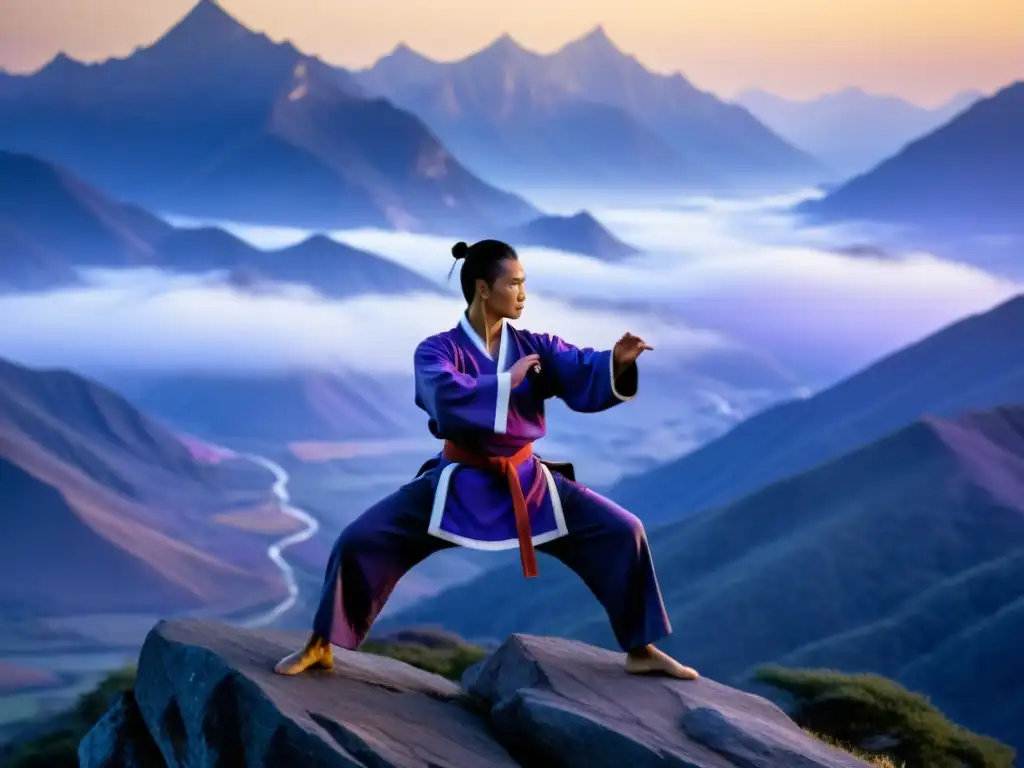 Un maestro de Kung Fu en postura tradicional, resplandecido por la luz dorada del atardecer, simboliza la filosofía Yin Yang en Kung Fu