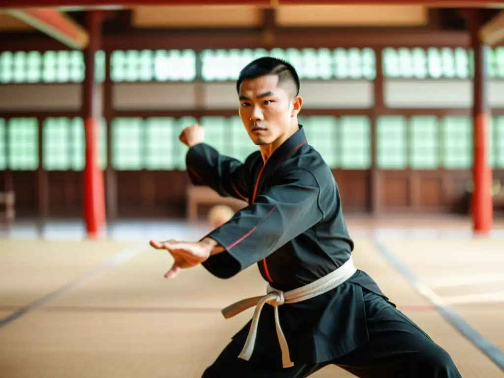 Un maestro de Kung Fu ejecuta un potente y preciso golpe giratorio en un salón de entrenamiento tradicional, mostrando disciplina y expertise