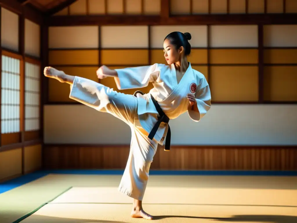 Un maestro de karate ejecuta un potente y preciso movimiento en un dojo tradicional, transmitiendo la transformación del karate en la vida diaria