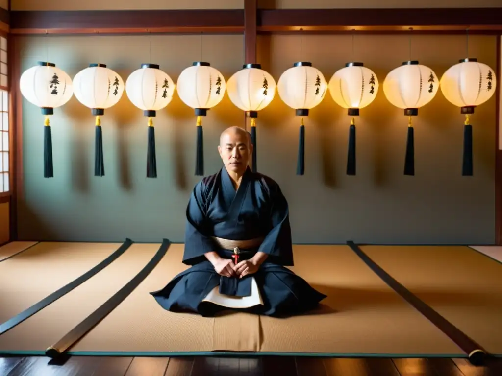 Un maestro practicante de iaido samurái, concentrado, se prepara para desenfundar su katana en un tradicional dojo