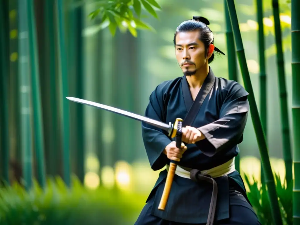 Un maestro practicante de kenjutsu con espadas, demostrando precisión y enfoque en un sereno bosque de bambú