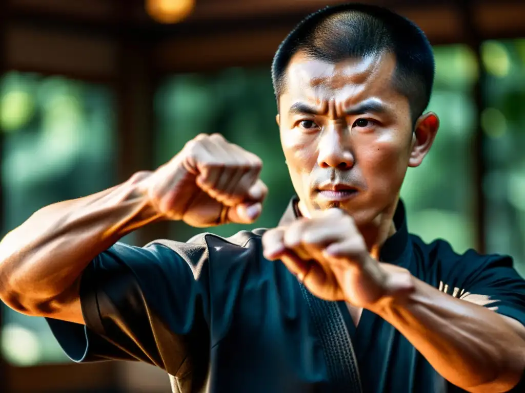 Un maestro de Wing Chun ejecuta una precisa y poderosa técnica, con enfoque y determinación