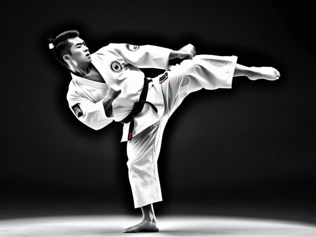 Un maestro de Kyokushin Karate ejecuta con precisión una poderosa patada giratoria en blanco y negro, transmitiendo fuerza y disciplina en su técnica