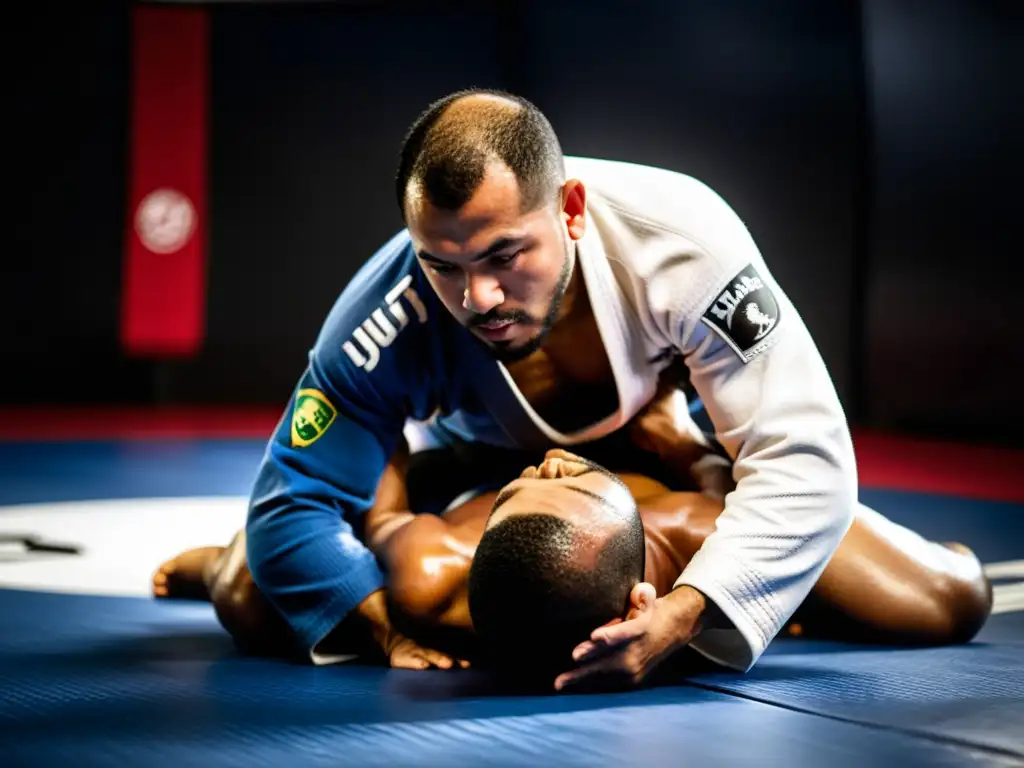 Maestro de Brazilian JiuJitsu exhibe principios de eficiencia y control en el dojo, en medio de una sesión de combate