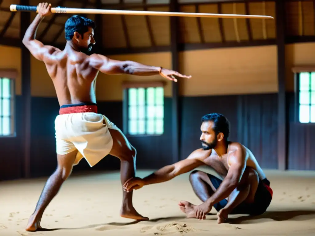 Un maestro de Kalaripayattu muestra puntos vitales en autodefensa, con precisión y concentración intensas, mientras un alumno observa atentamente