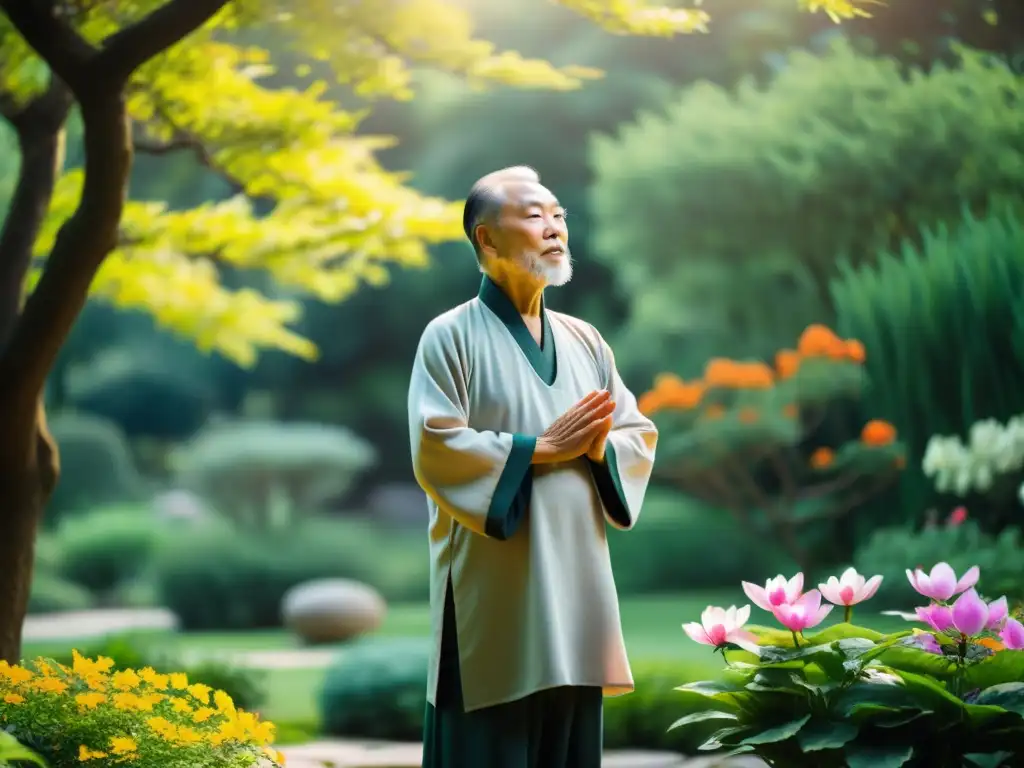 Un maestro de Qigong anciano irradia calma y fuerza interior en un jardín sereno, rodeado de vegetación exuberante y flores