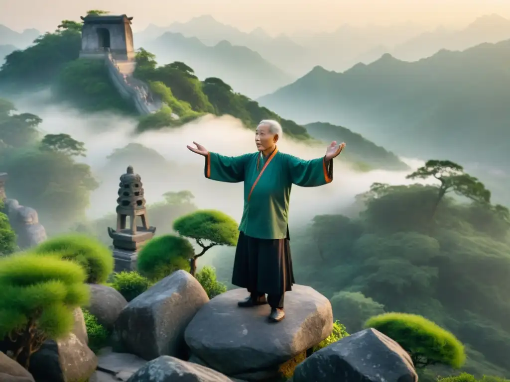 Maestro de Qigong en la cima de la montaña al amanecer, irradiando vitalidad y paz interior