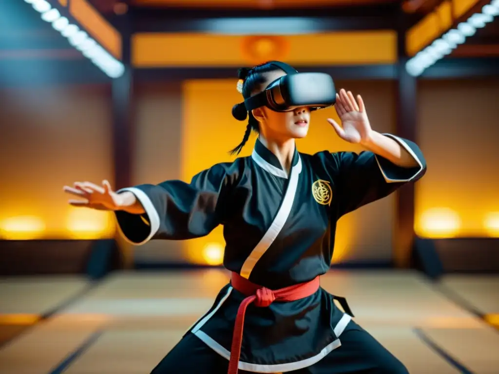 Maestro de Kung Fu en realidad virtual para aprender Kung Fu, demostrando técnica precisa y poderosa en ambiente inmersivo