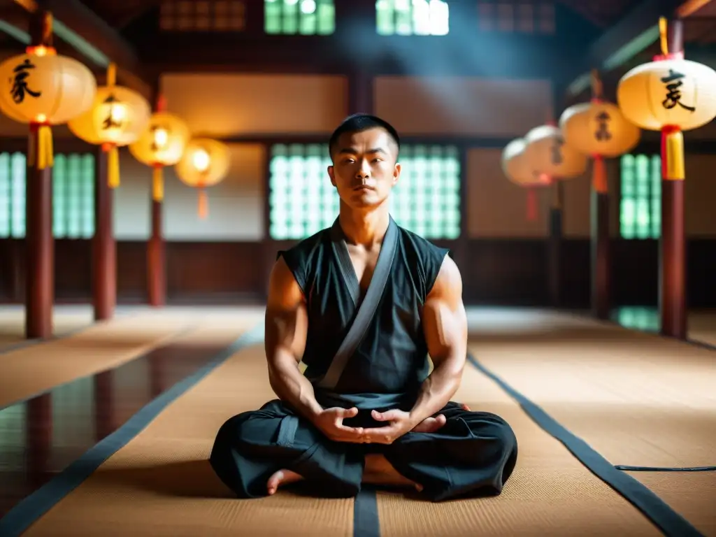 Un maestro de Kung Fu en meditación, rodeado de tranquilidad en un salón de entrenamiento