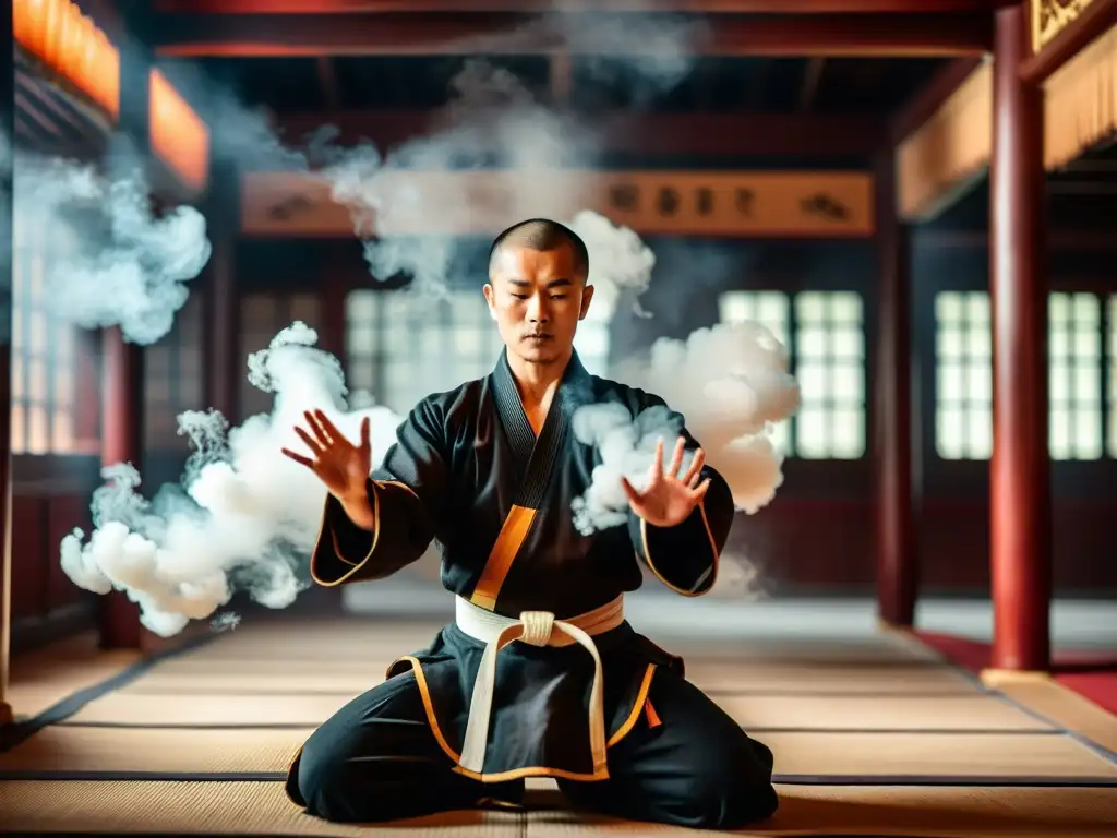 Un maestro de Kung Fu en un salón tradicional rodeado de humo de incienso, realizando movimientos fluidos y precisos