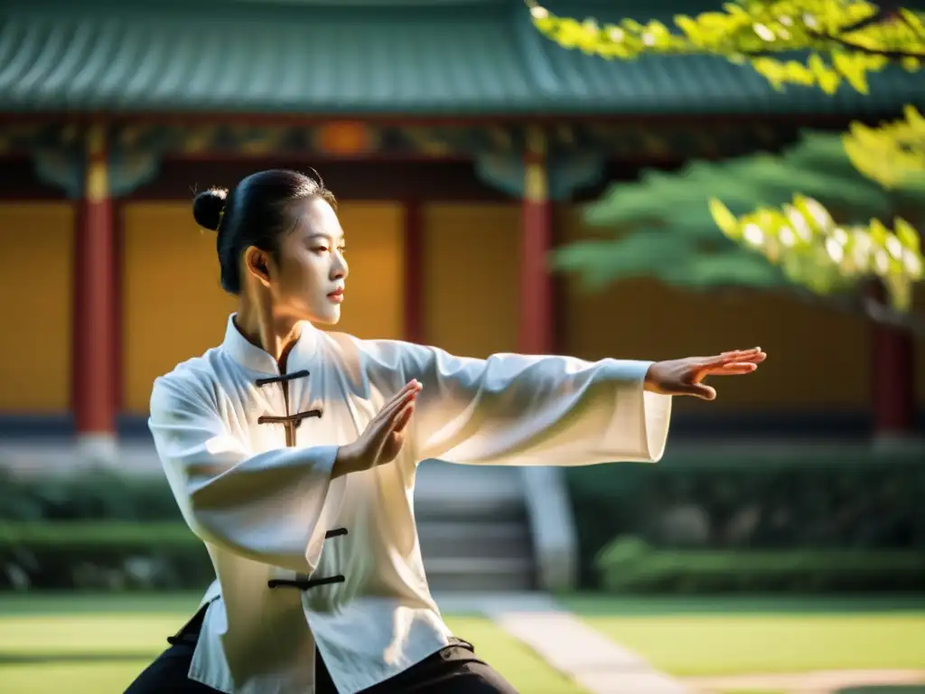 Un maestro de Tai Chi ejecuta una secuencia con gracia en un patio tranquilo, mientras la luz y la sombra realzan su forma