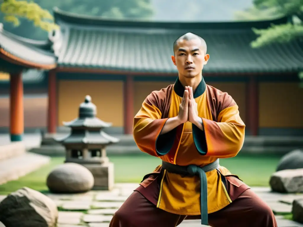 Un maestro de Kung Fu practica con serenidad en un patio antiguo rodeado de esculturas de piedra, capturando la esencia del arte marcial