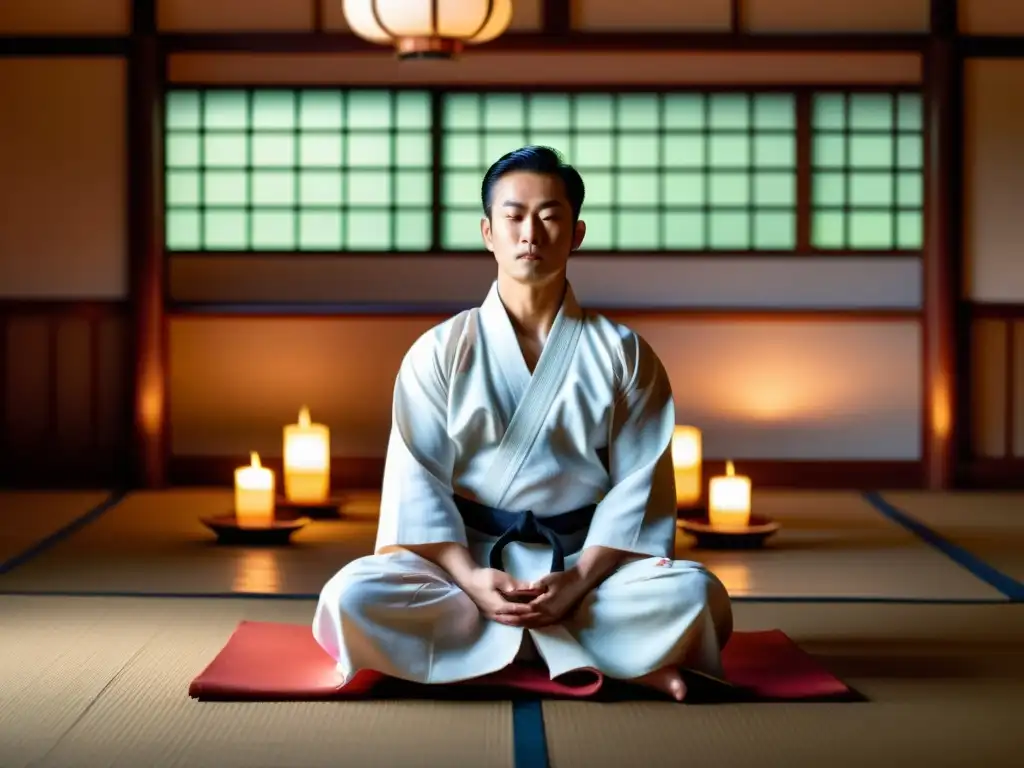 Un maestro sereno de artes marciales medita en un dojo tradicional, rodeado de velas y la luz suave del amanecer