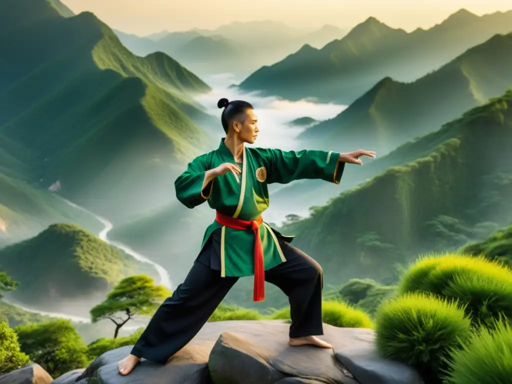 Un maestro sereno de Kung Fu realiza movimientos precisos en la majestuosa naturaleza, mostrando los beneficios del Kung Fu para la salud