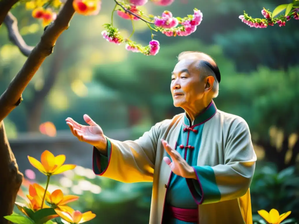 Maestro de Chi Kung en jardín sereno, rodeado de naturaleza vibrante y flores coloridas